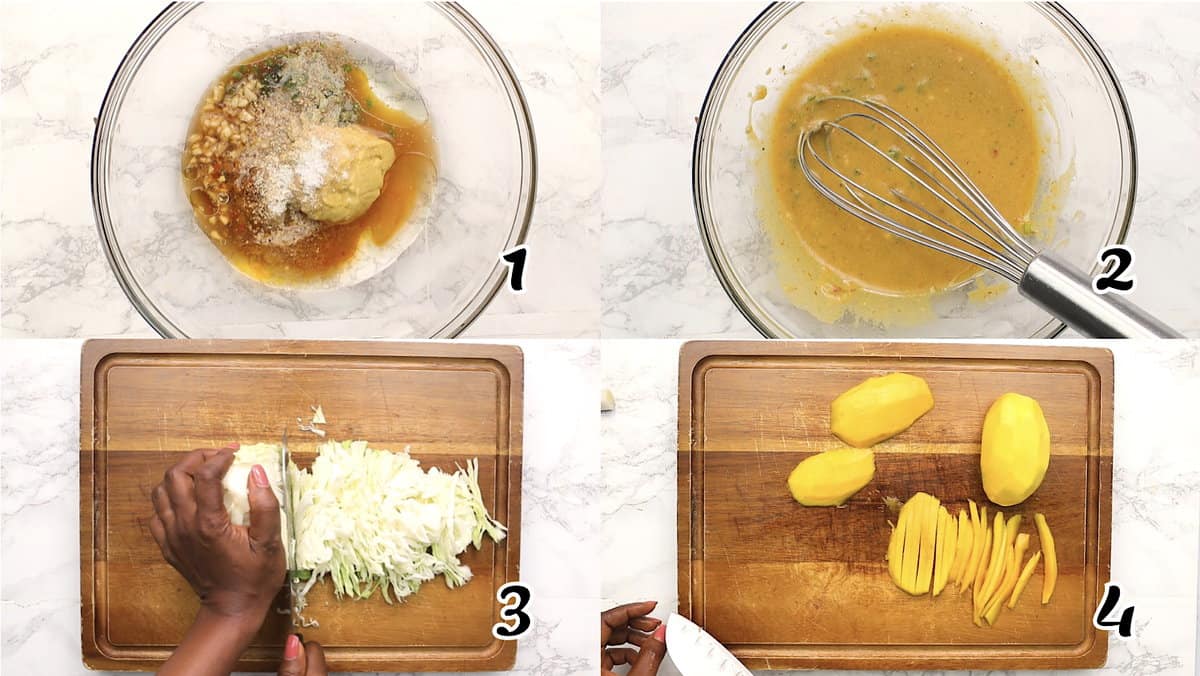 Make the dressing and prep the veggies and fruit