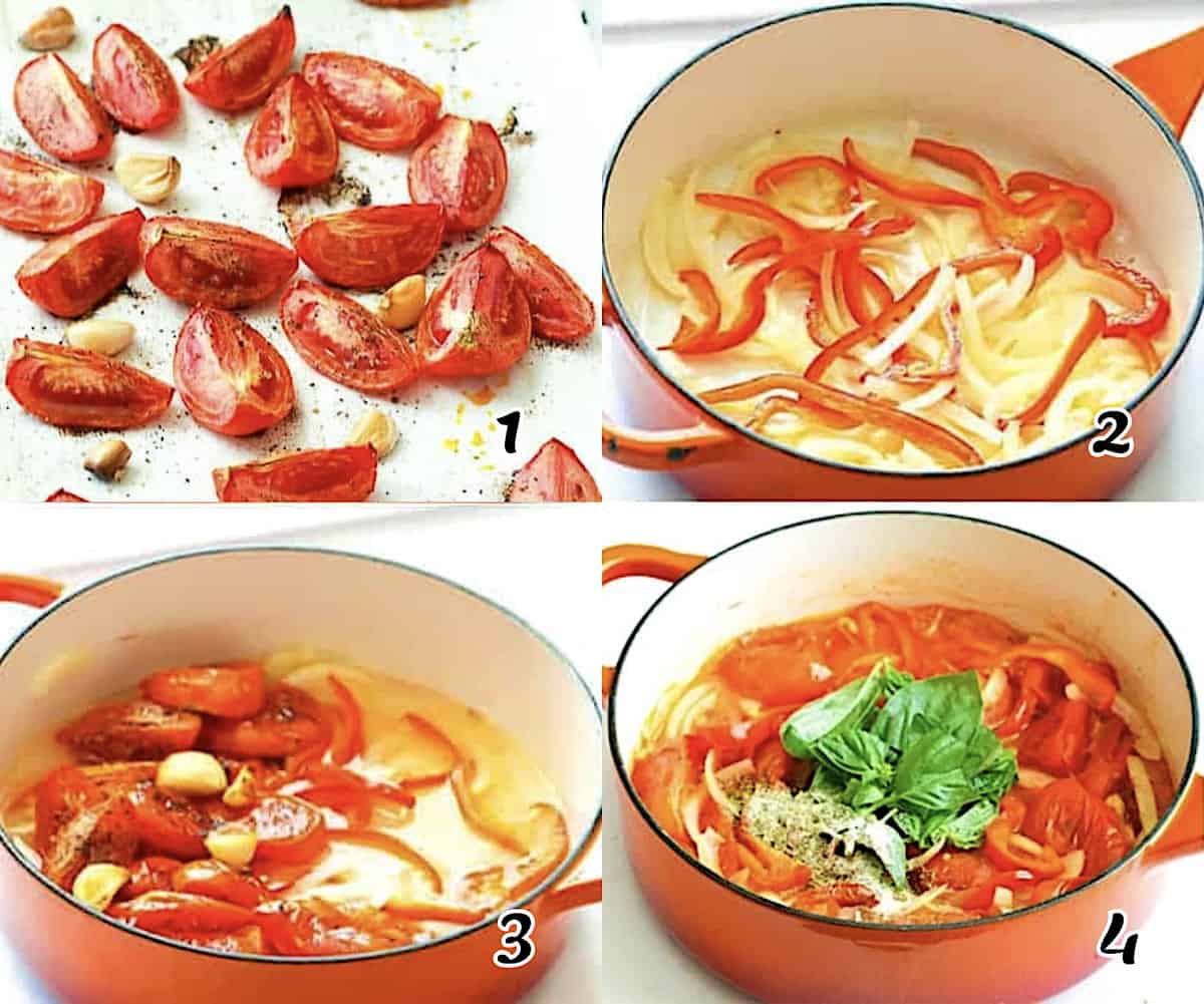 Roast the tomatoes and garlic, simmer the ingredients in broth, and add herbs.