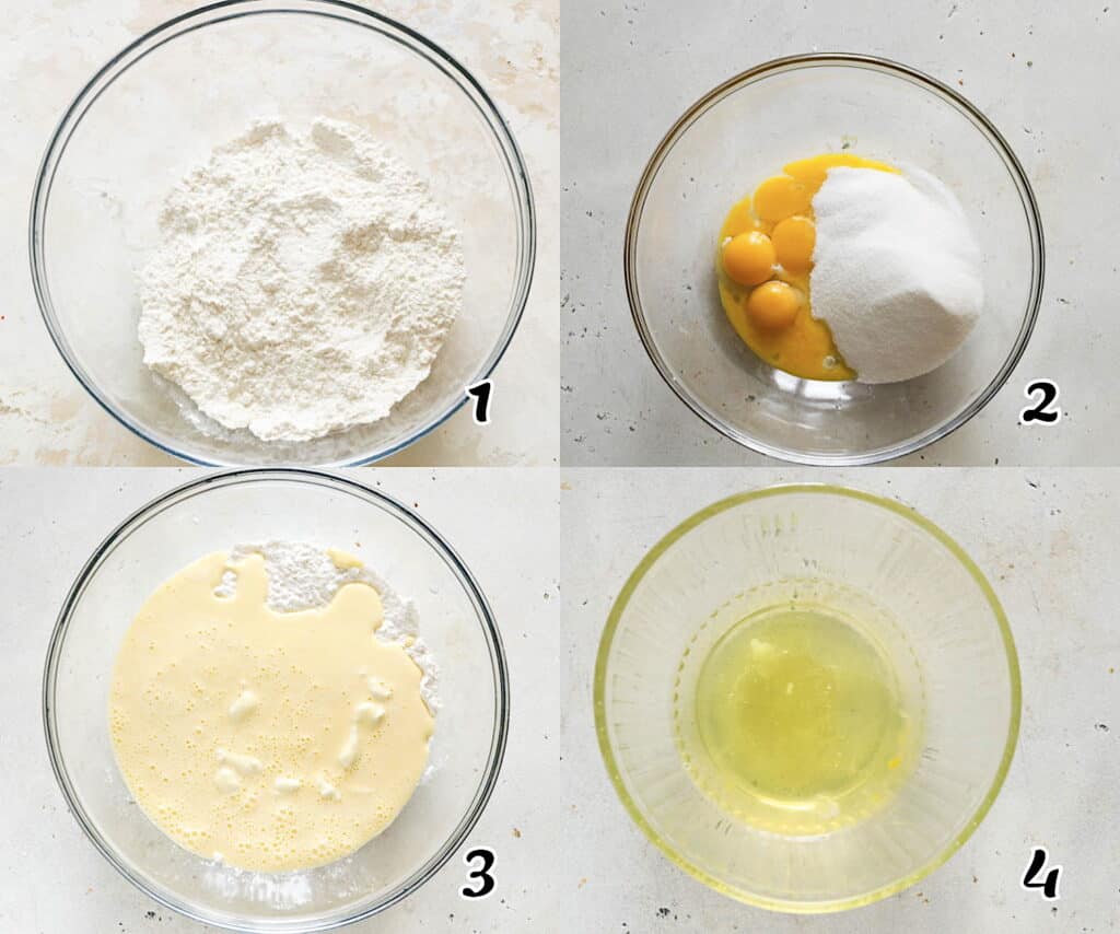 Mix the dry ingredients, separate the eggs, whip the yolks with sugar, then whip the whites