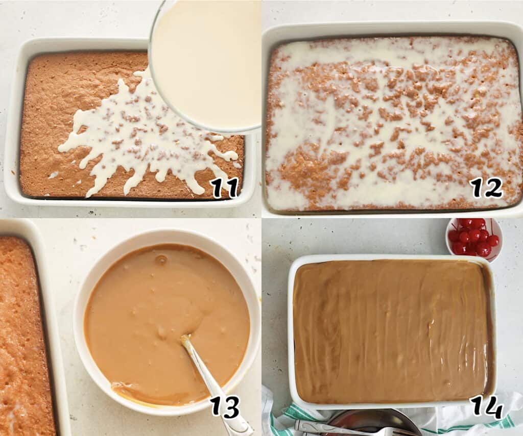 Soak the cake with milk, make your dulce de leche frosting, and frost the cooled cake