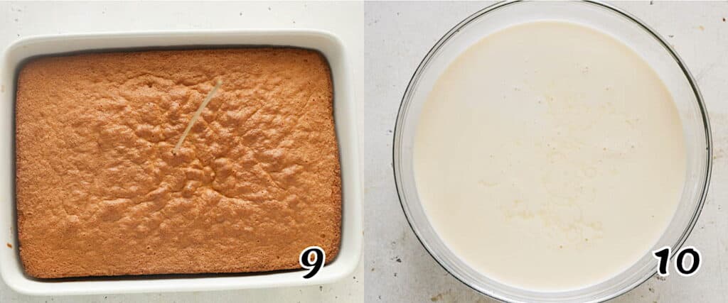 Poke holes in the baked cake and soak with the tres leches