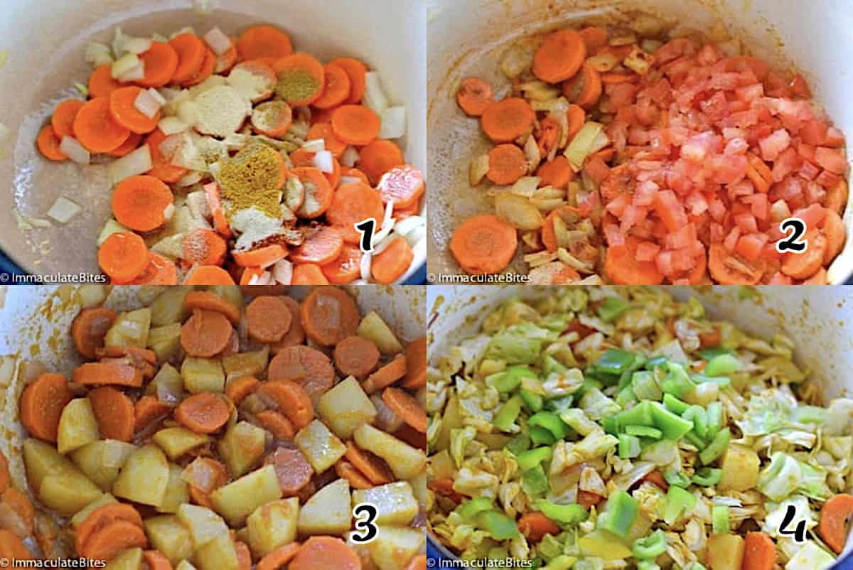 Saute veggies, add tomatoes and potatoes, and lastly the brassica