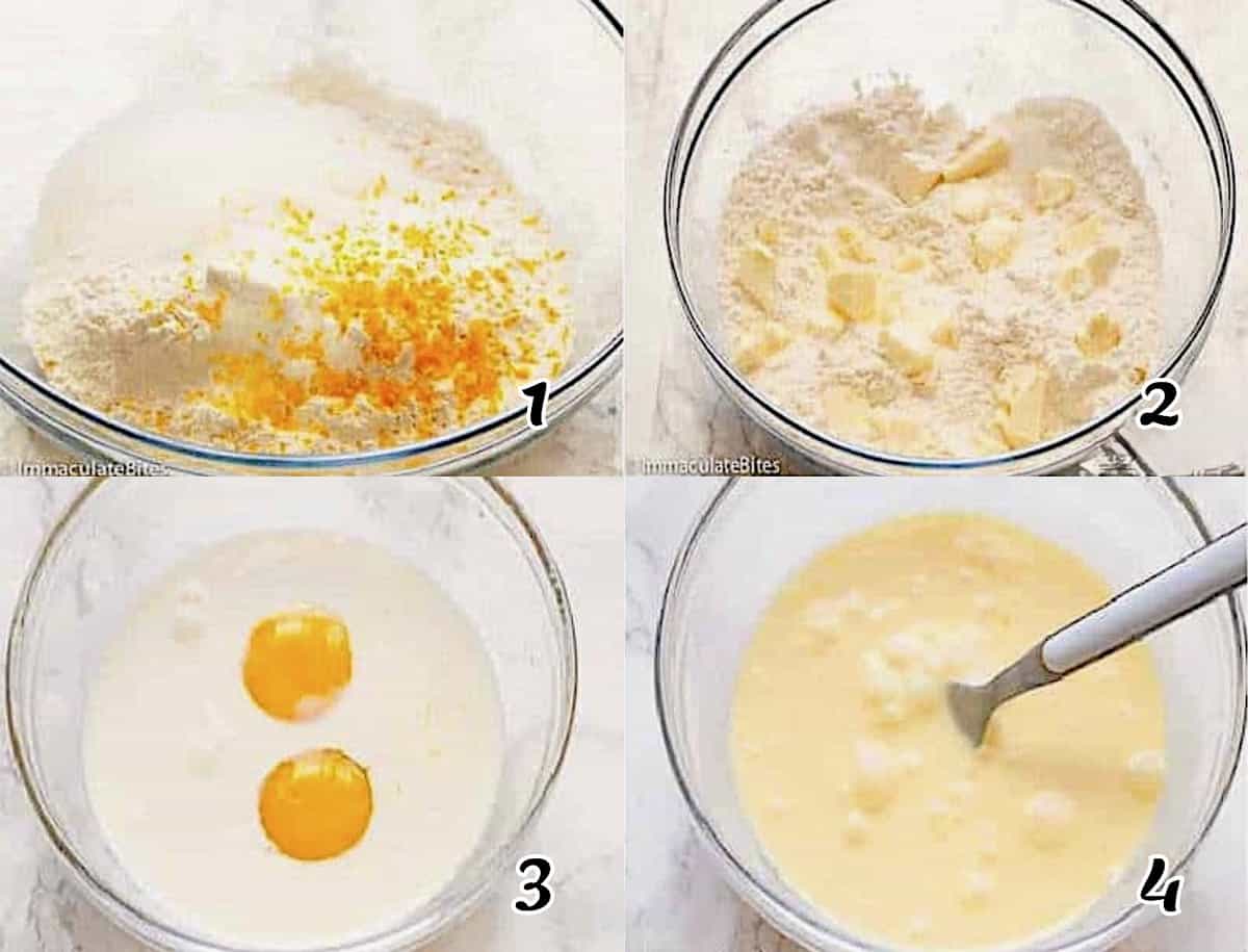Mix the dry ingredients, cut in the butter, and beat the eggs with liquid ingredients