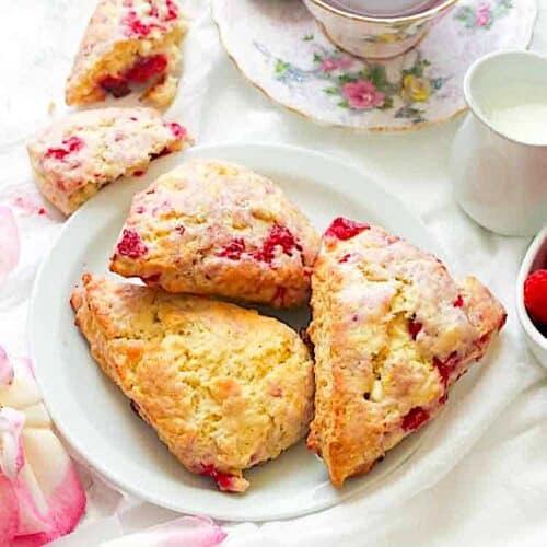 Serving up a plateful of raspberry white chocolate scones for an afternoon tea