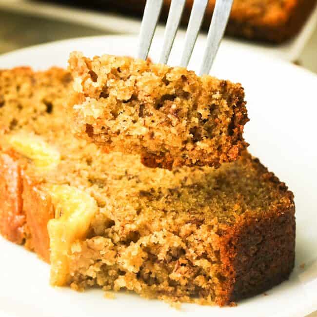 Forking into a slice of decadent brown butter banana bread