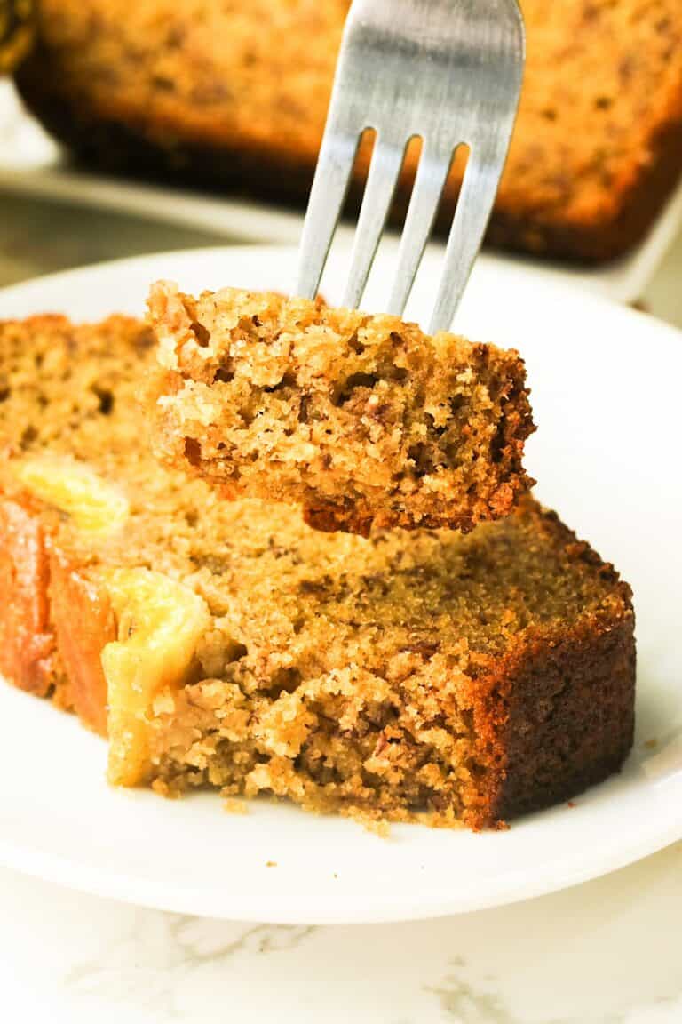 Forking into a slice of decadent brown butter banana bread