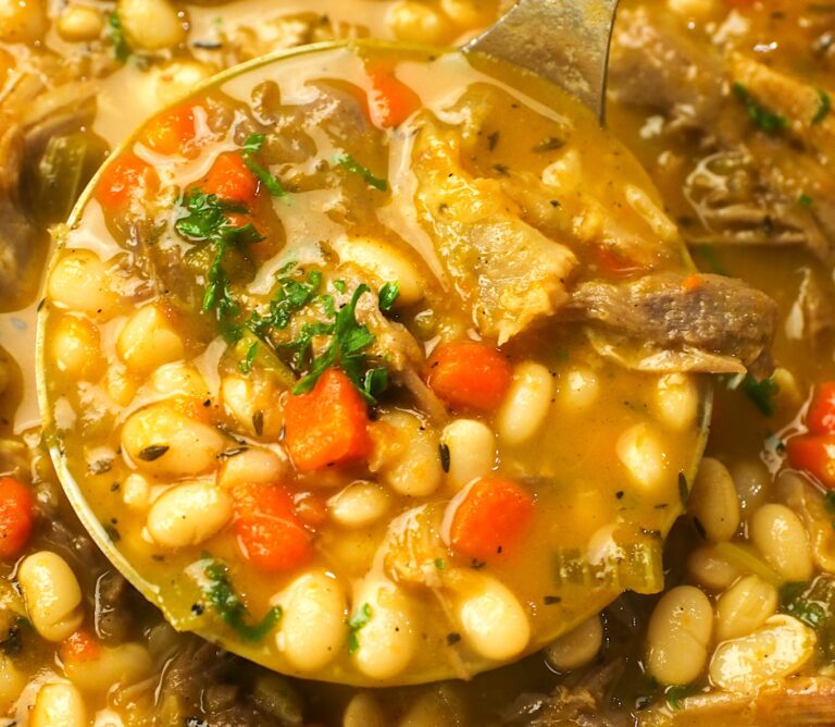 A healthy ladle full of navy bean soup with ham