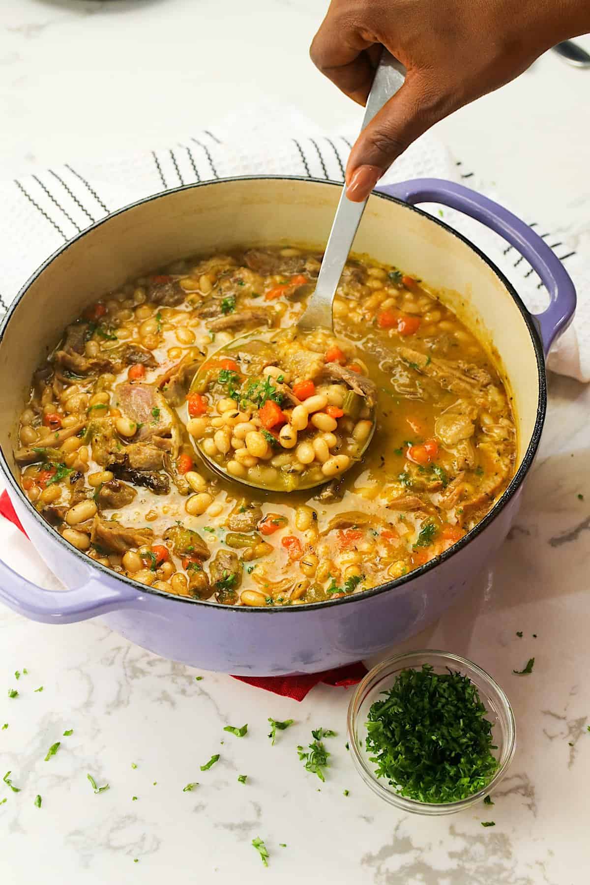 Freshly cooked hot white bean soup pot