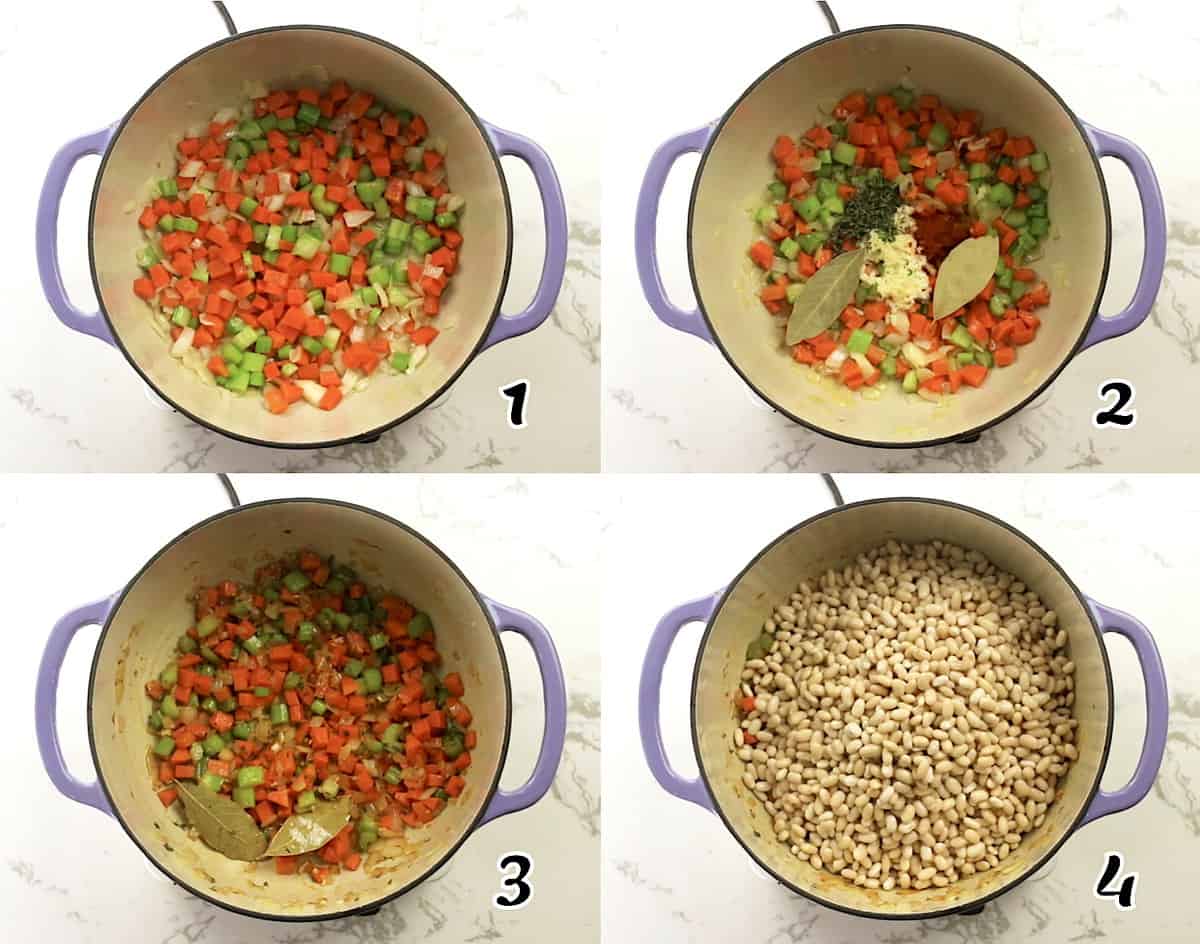 Stir-fry the vegetables and add the soaked beans.