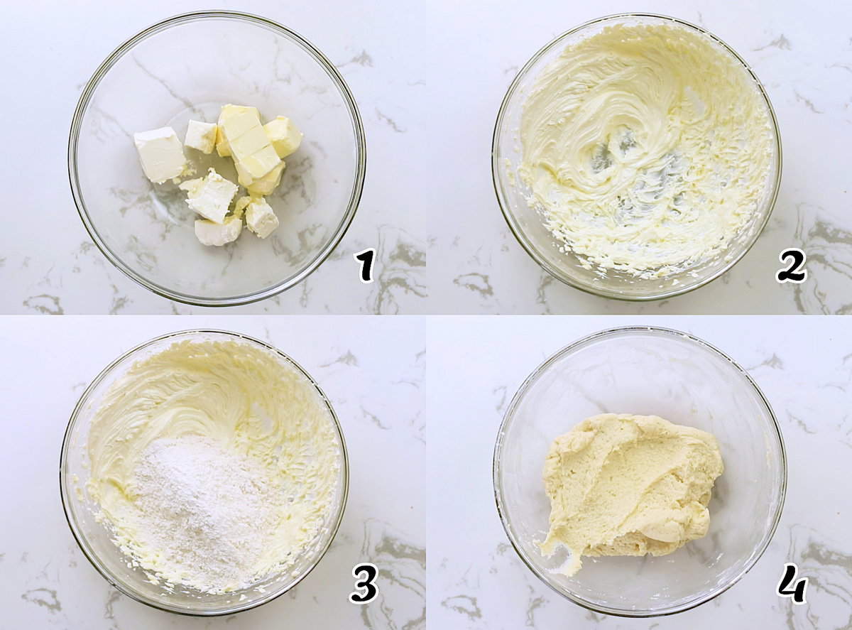 Cream the cream cheese and butter, add the flour, and make the dough.