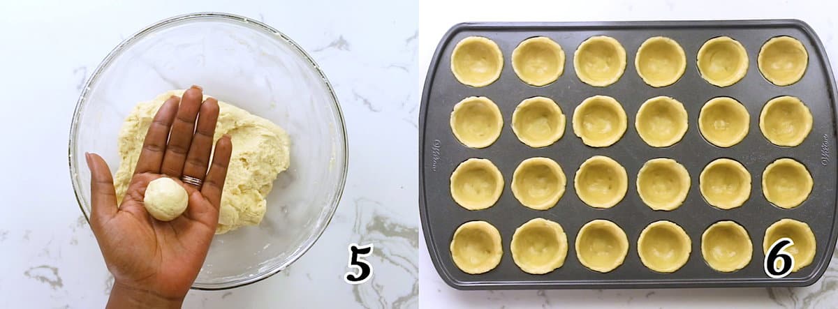 Roll the dough into balls and form the mini pie crusts
