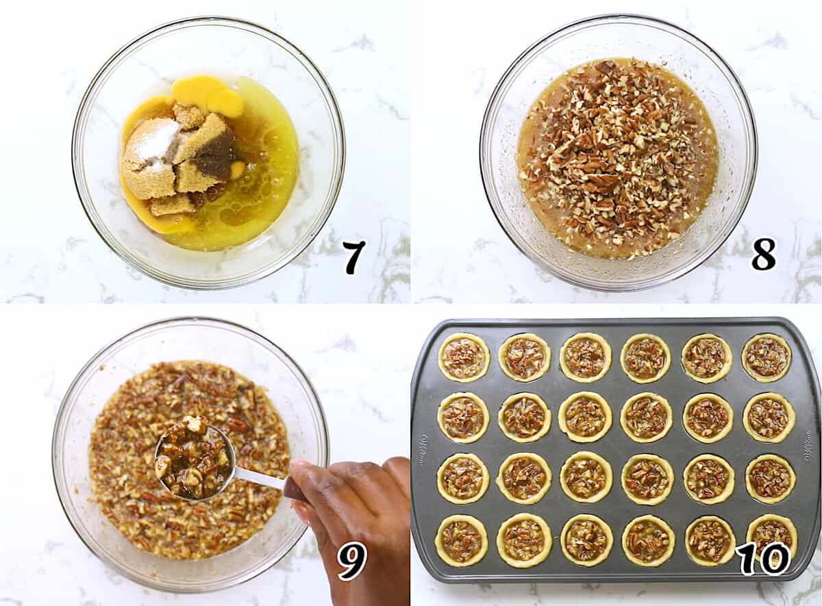 Make the filling, fill the mini pie crusts, and bake