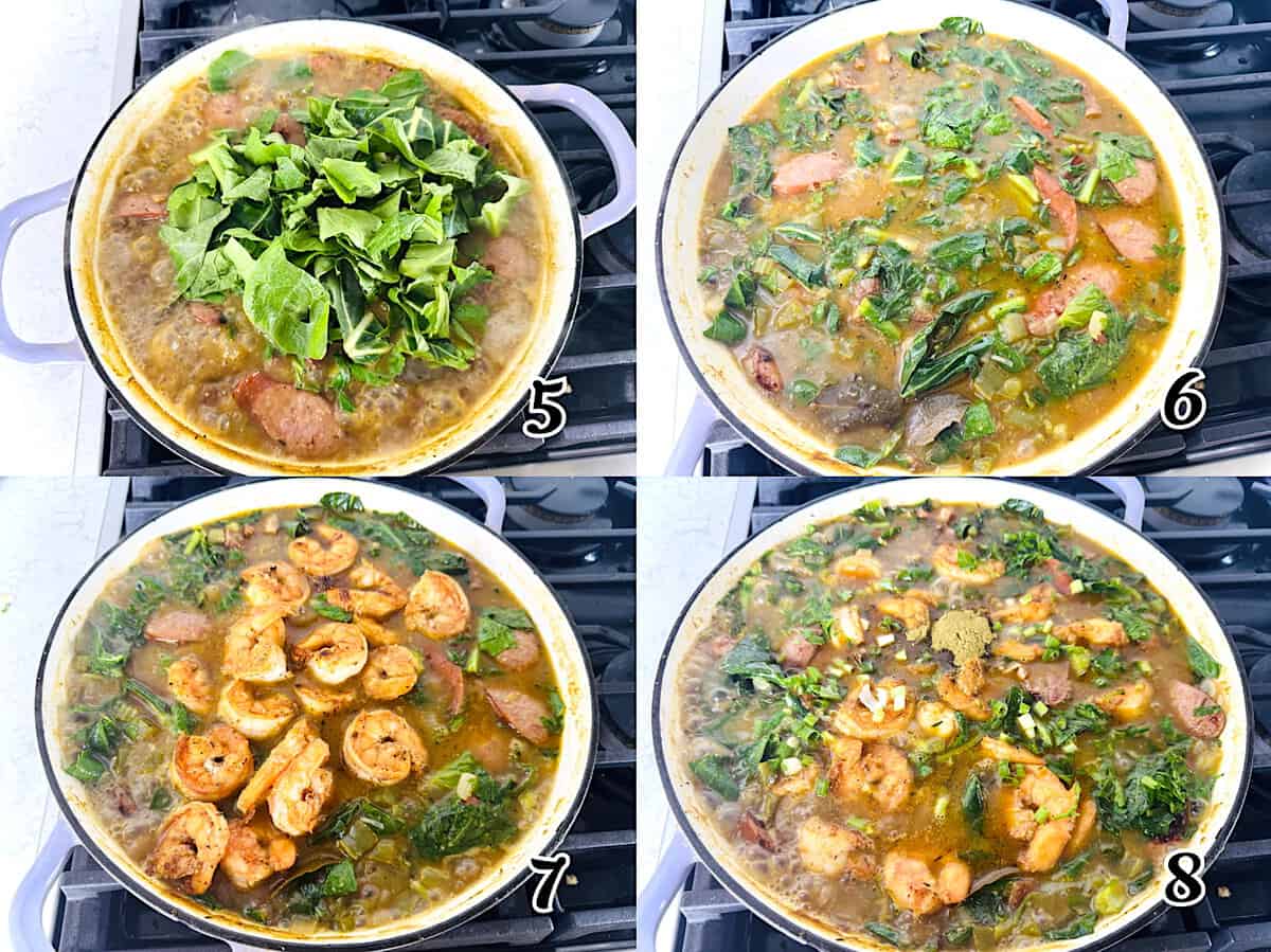 Add the greens, add the shrimp and sausage back, and season to taste