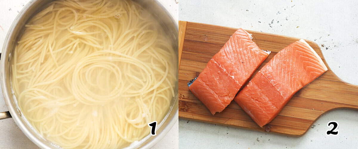 Cook the spaghetti and season the fish