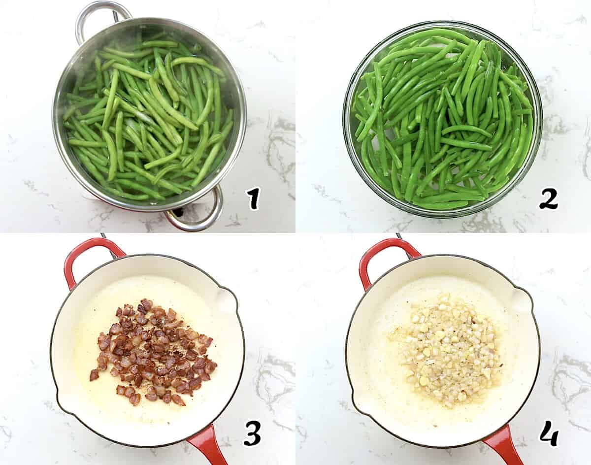 Blanch the green beans, fry the bacon, and saute the onions