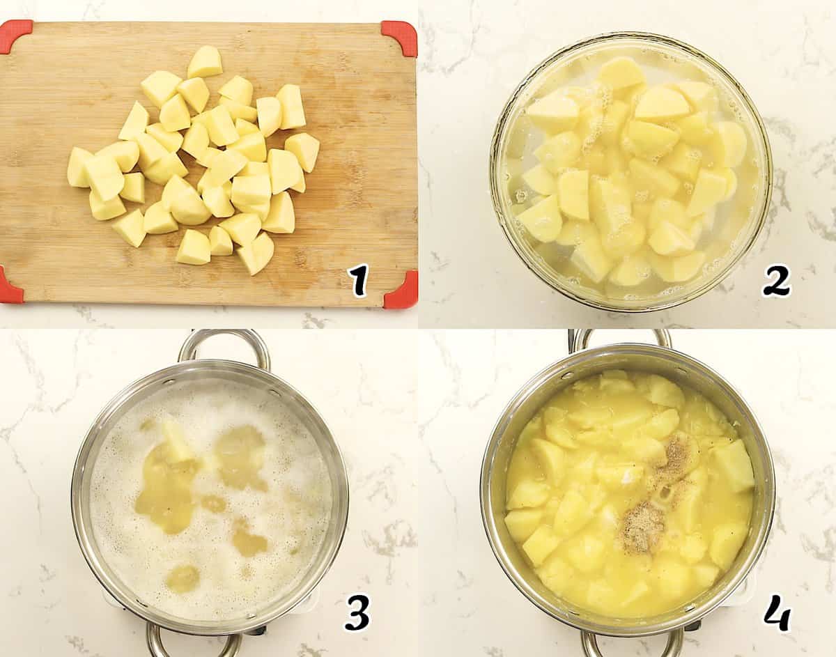 Peel, chop, and rinse the spuds. Then boil, season, and stew