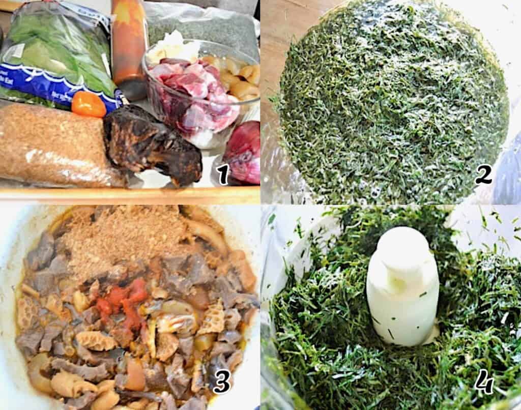 Get your ingredients together, soak the okazi, cook the assorted meats, and prepare the okazi