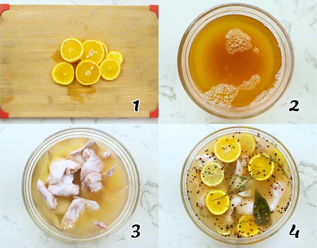 Slice the citrus, combine the liquids and salt, add the chicken wings and seasonings