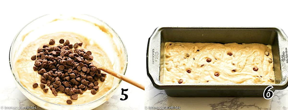 Add chocolate chips, pour batter into the bread and bake