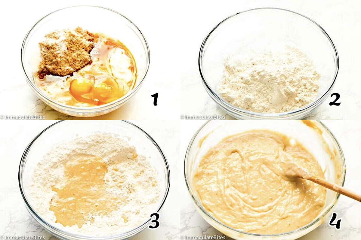 Mix the wet ingredients, mix the dry ingredients, add butter, then mix wet and dry together