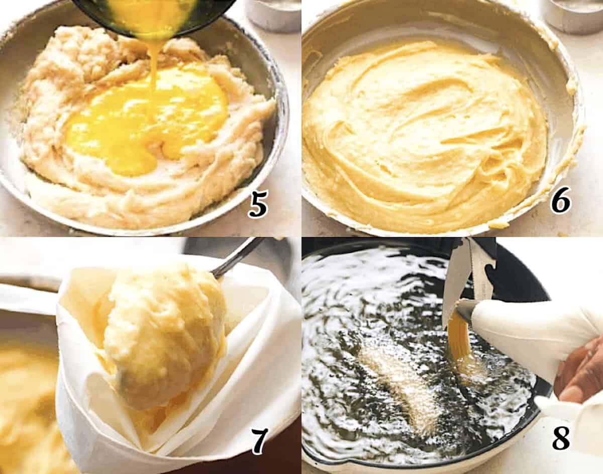Beat in the eggs and vanilla extract, load your piping bag, and fry