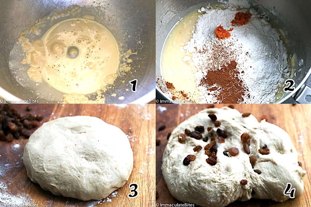 Activate the yeast, add the milk, butter, sugar, egg, spices, and flour, then knead and add the raisins