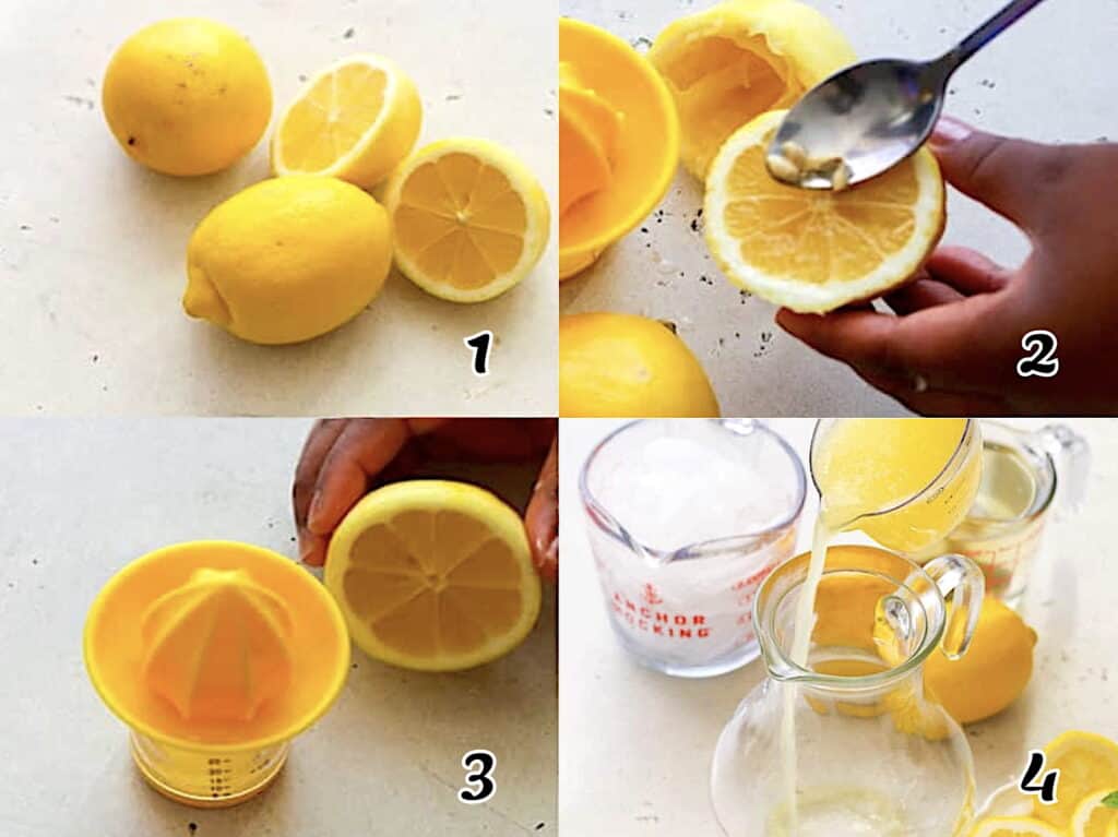 Wash and cut lemons in half, optionally remove seeds, juice them, and add the sugar