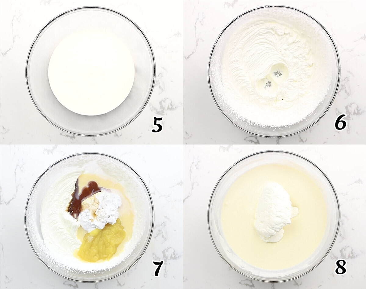 Whip the cream, divide put half in the freezer, add flavorings and condensed milk to the other half, then mix it all together