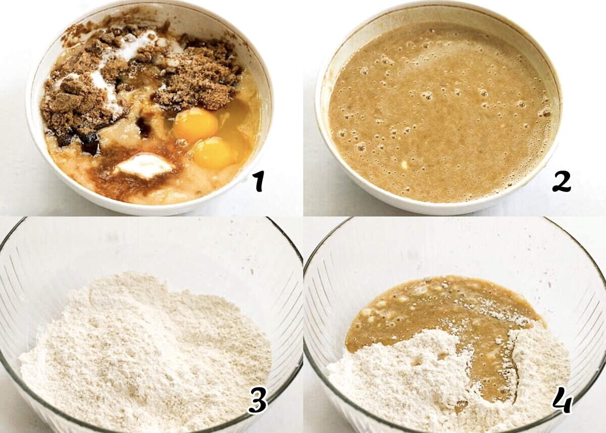Cream the sugar, eggs, and mashed bananas, mix the dry ingredients, and combine both