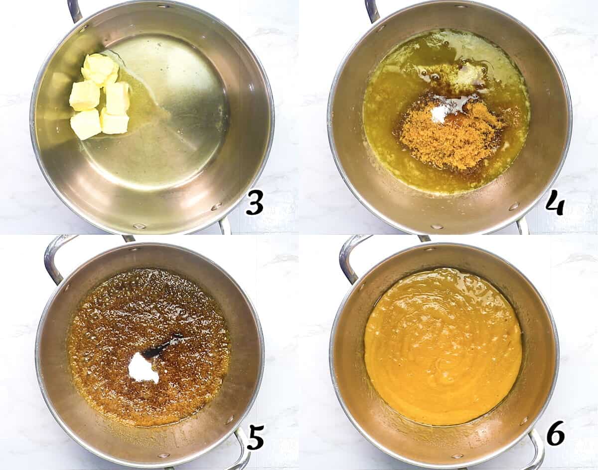 Melt the butter, add the sugar to make the caramel, then add the vanilla and baking soda.
