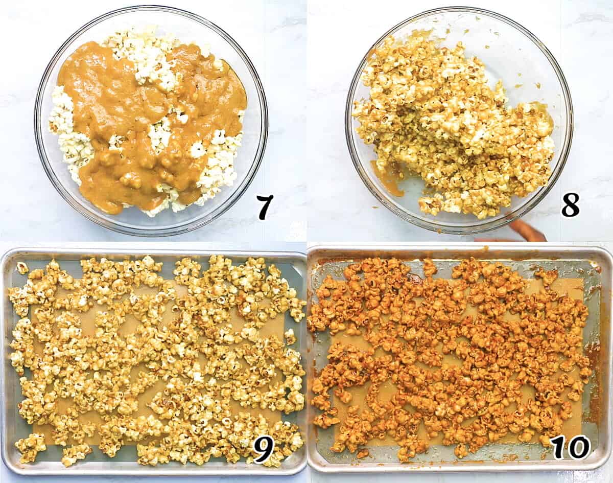 Pour the caramel over the popcorn, stir well, then bake until crispy.