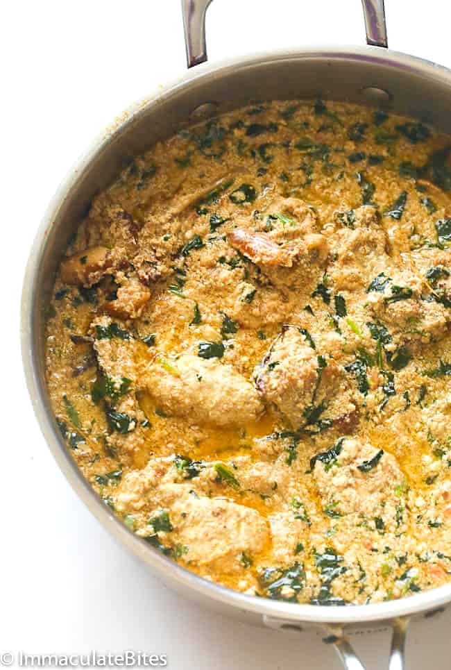 A pot of egusi soup with lumps ready to serve and enjoy