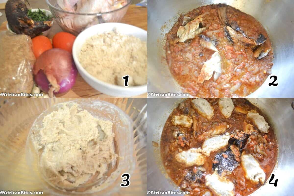 Get your ingredients together, saute the vegetable base, add optional fish and chicken, add the egusi and simmer