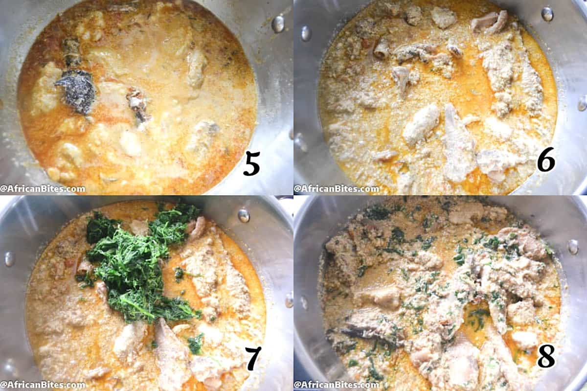Simmer, add waterleaf or spinach, and simmer for a few more minutes. Enjoy