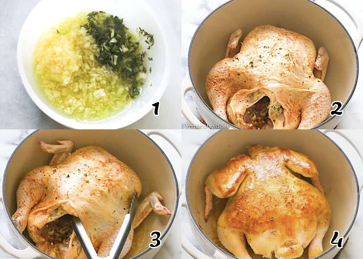 Make the seasoning and sear the bird.