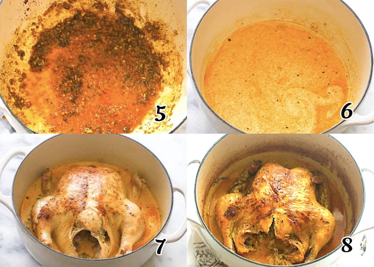 Saute seasonings, then add the poultry and the braising liquid. Bring it to a simmer and finish it in the oven.