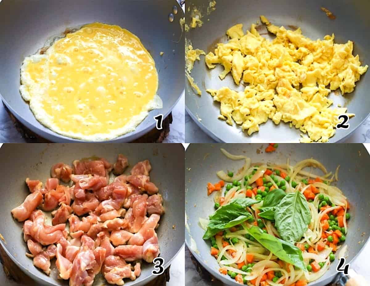 Scramble the egg, fry the meat, and sauté the vegetables.