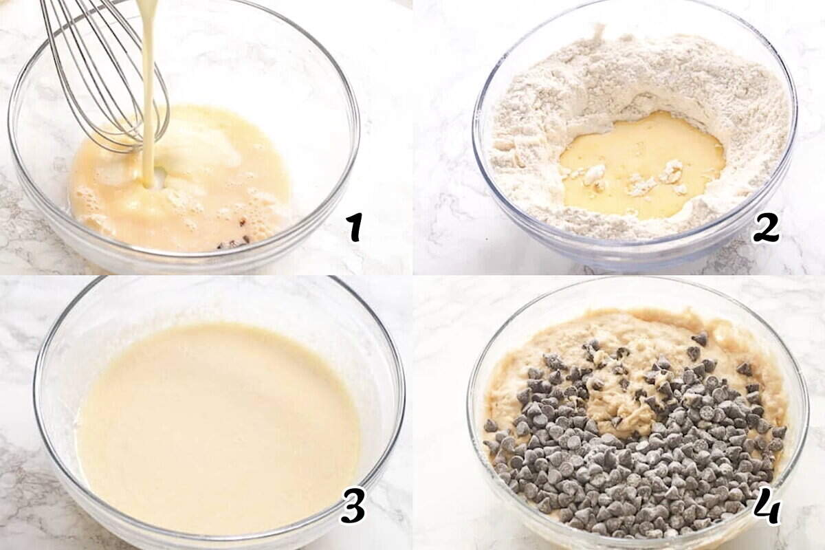 Whisk the eggs and buttermilk, mix the dry ingredients, combine the wet and dry, and fold in the chocolate chips.