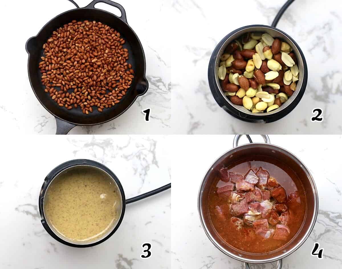 Toast and grind the peanuts, then start cooking the beef.