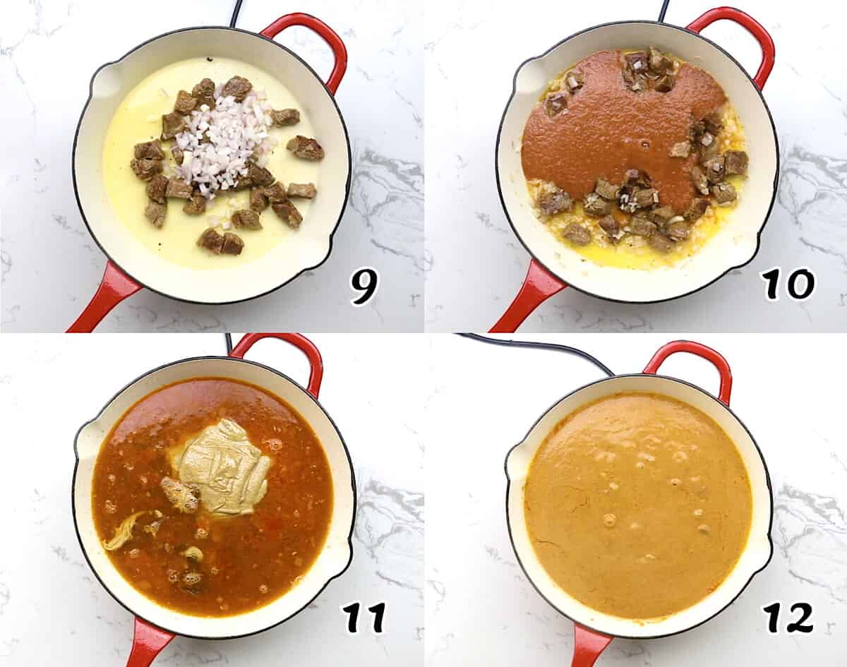 Brown the beef, add the sauce, then add the peanut butter and broth.