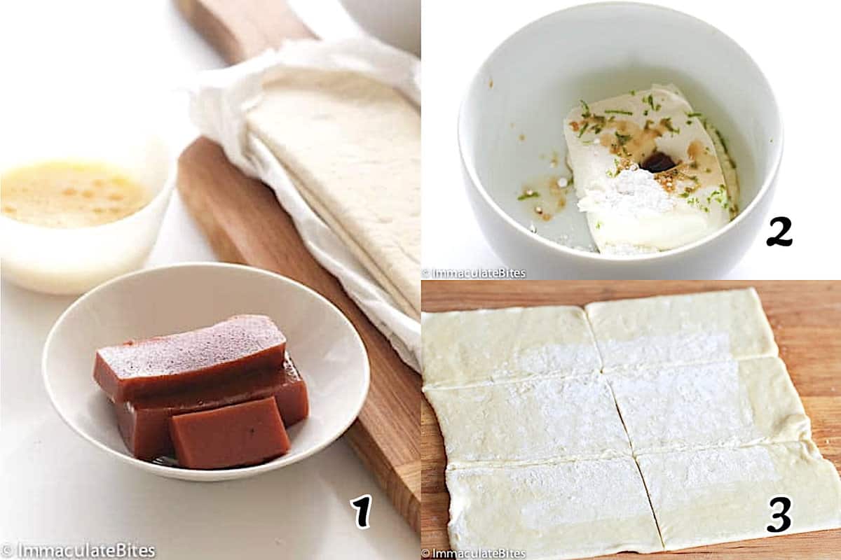 Thaw the puff pastry and gather your ingredients, make the cream cheese mixture, then unroll the puff pastry.
