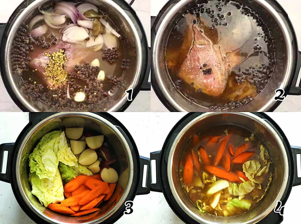 Load the pressure cooker with the brined brisket and cook. Then cook the vegetables and enjoy.