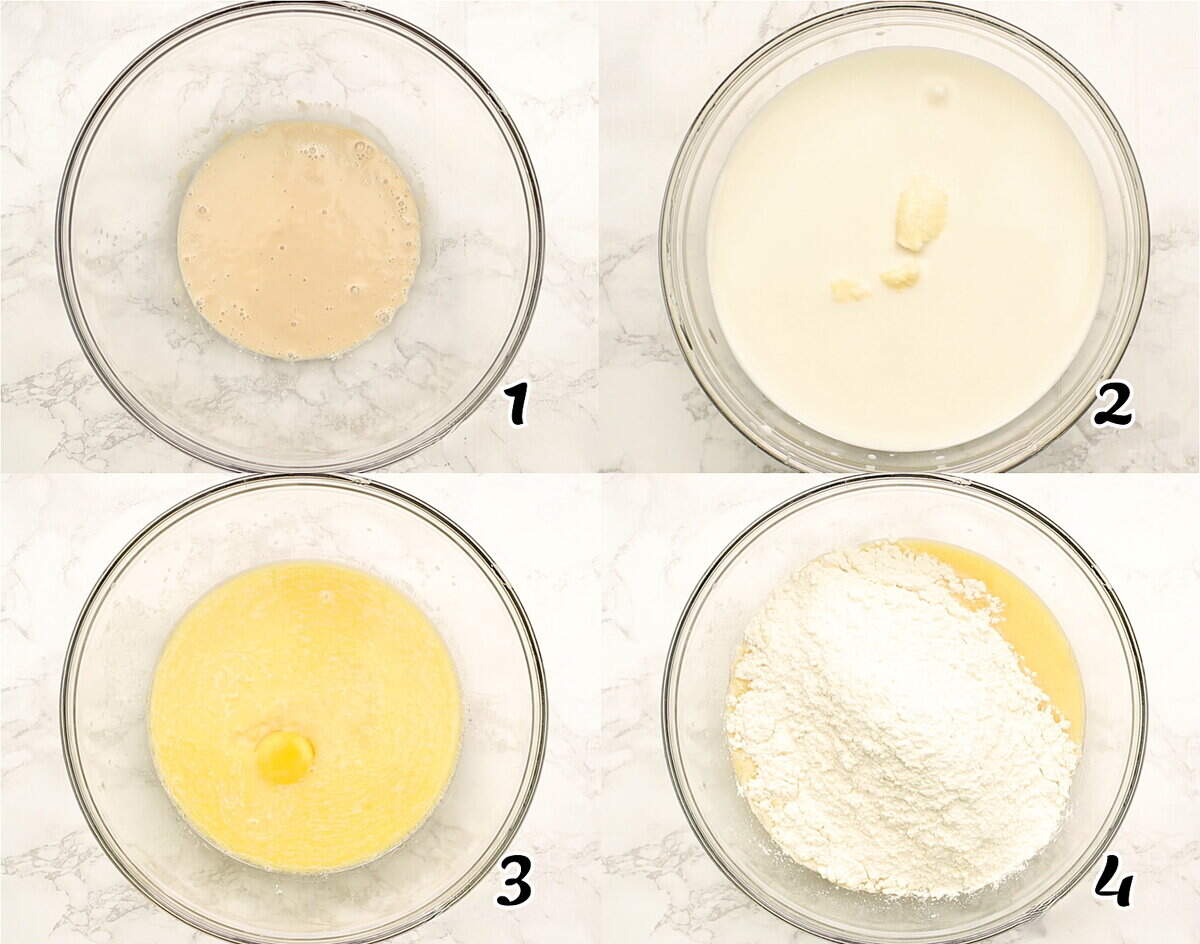 Activate the yeast, heat the liquids to lukewarm, add the egg, then the flour.