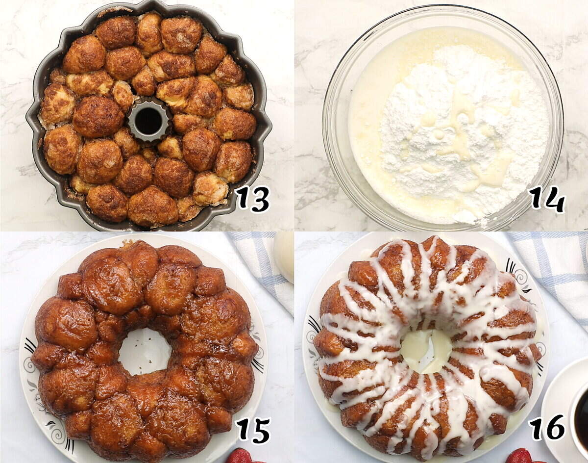 Fill the bundt pan, bake, make the glaze, and enjoy your monkey bread.