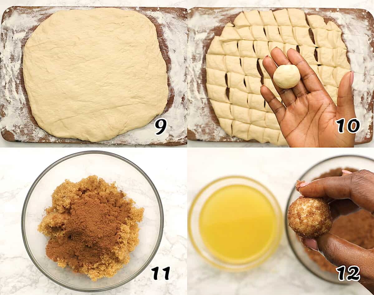 Roll the dough out, cut it, form it into balls, then dip it in butter and cinnamon sugar.