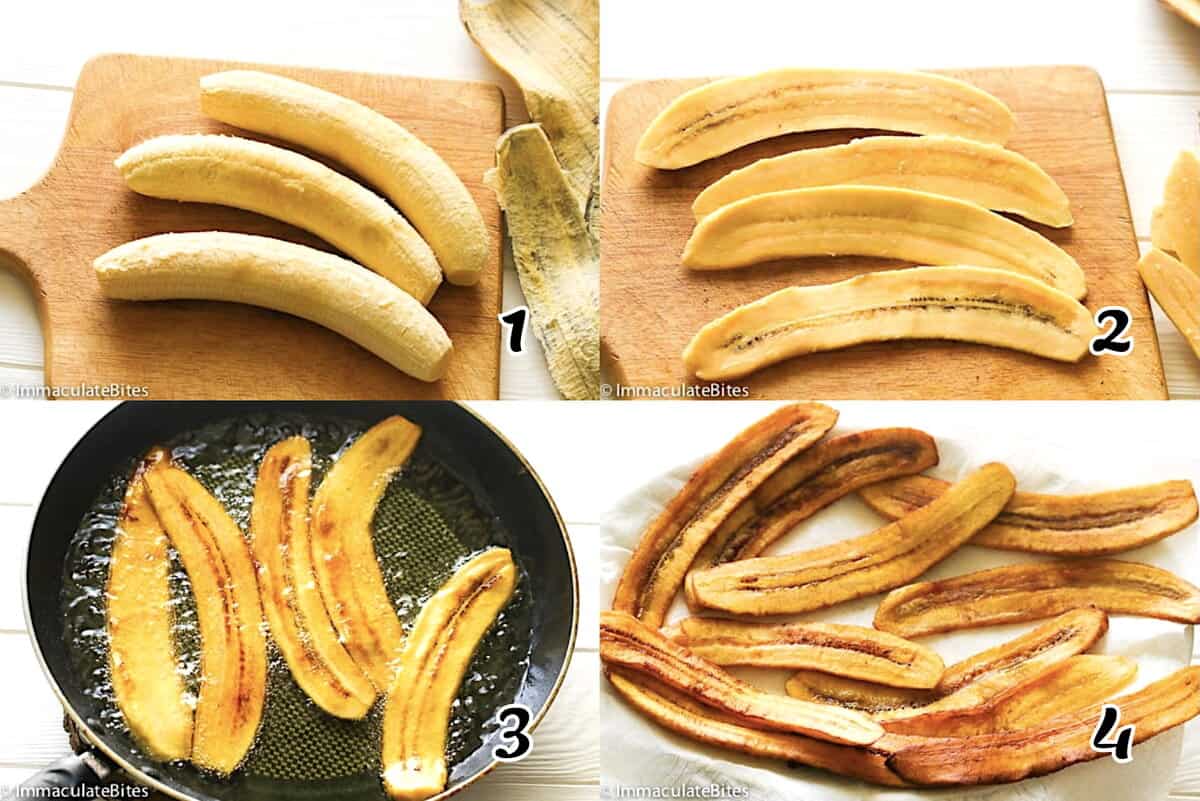 Peel and slice the plantains, then fry or bake them.
