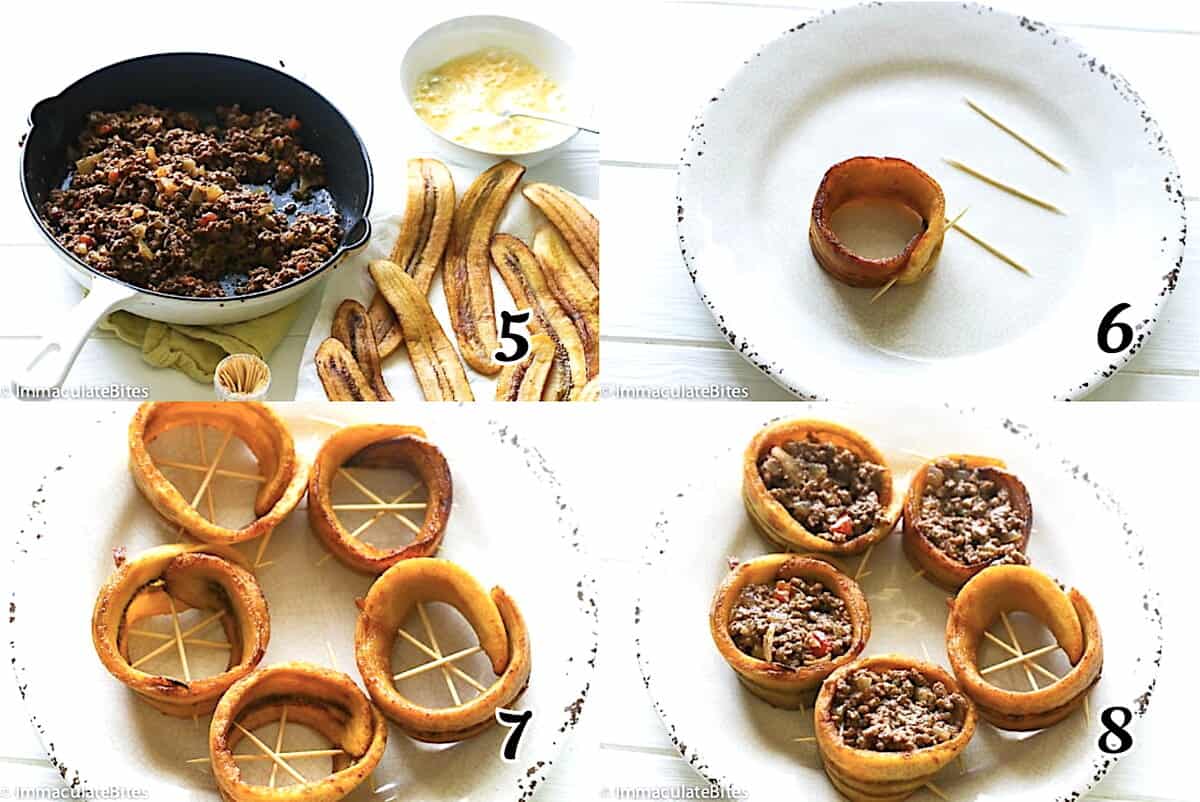 Assemble the picadillo, fried plantains, and toothpicks. Then form the plantain slices into circles and stuff them with the picadillo.