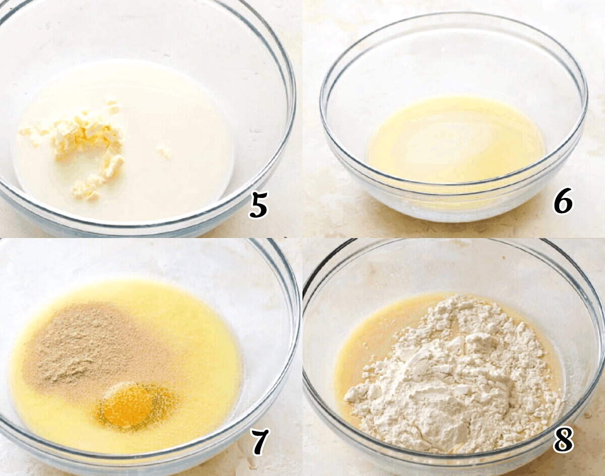 Melt the butter and sugar, let cool, add the eggs and yeast to make the dough.