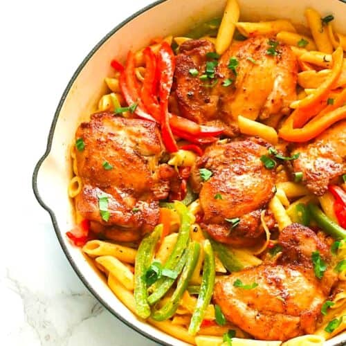 A freshly cooked pot of colorful Rasta pasta.