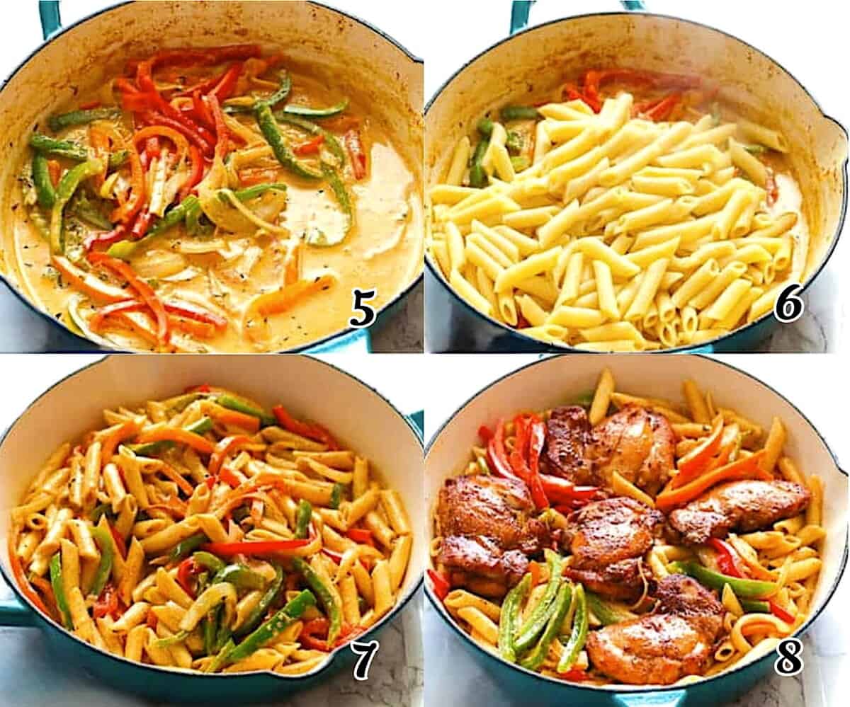 Add the liquids, simmer, then add the pasta and chicken for a delicious one-pot meal.